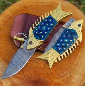 Damascus Steel Fish Folding Knife with Metal Handle