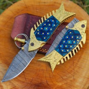 Damascus Steel Fish Folding Knife with Metal Handle