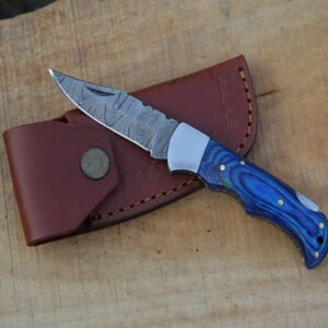 Damascus Folding Knife (Blue Paka Wood Handle)