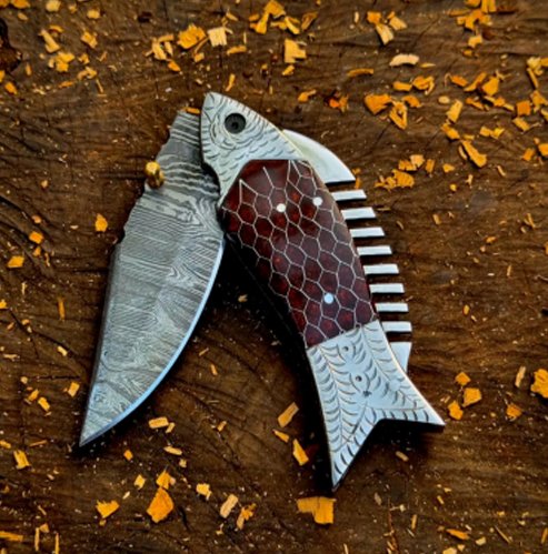 Damascus Steel Fish Folding Knife with Honeycomb Resin Handle