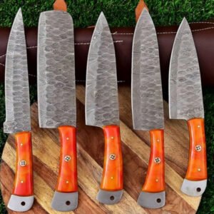 Damascus Steel 5-Piece Chef Set (Orange Resin Handle)