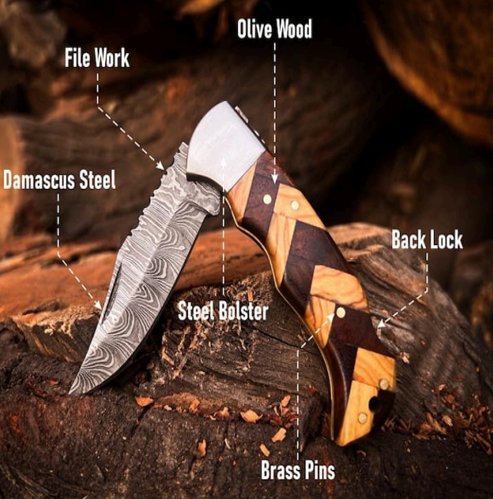 Damascus Folding Knife (Olive Wood/Dark Wood Handle) - Image 2