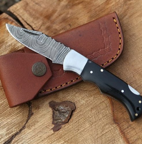 Damascus Folding Knife (Buffalo Horn Handle) - Image 2