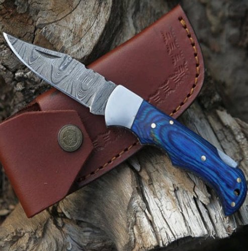 Damascus Folding Knife (Blue Paka Wood Handle) - Image 4