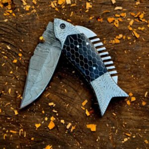 Damascus Steel Fish Folding Knife with Honeycomb Resin Handle