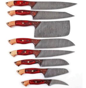 Damascus Steel 9-Piece Chef Set (Red Resin Handle)