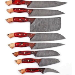 Damascus Steel 9-Piece Chef Set (Red Resin Handle)