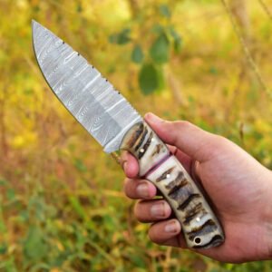 Damascus Steel Serrated Spine Fixed Blade