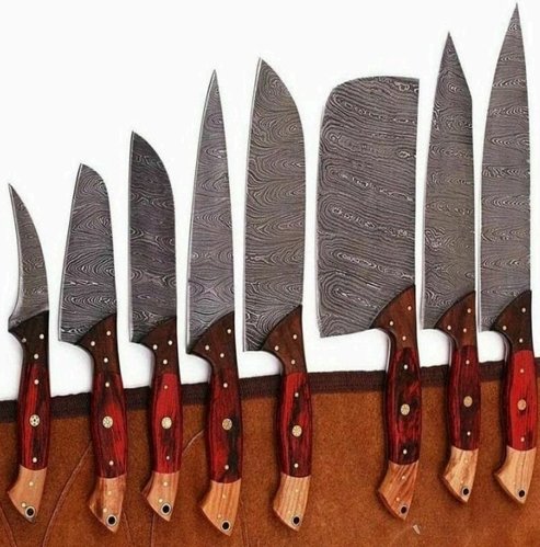 Damascus Steel 9-Piece Chef Set (Red Resin Handle) - Image 2