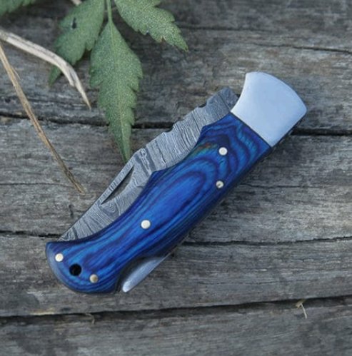 Damascus Folding Knife (Blue Paka Wood Handle) - Image 2
