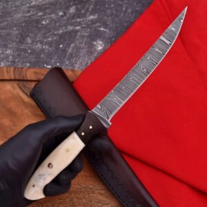 Damascus Steel Fillet Knife with Camel Bone and Wood Handle
