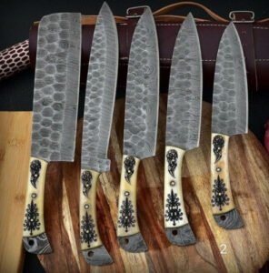 Damascus Steel 5-Piece Chef Set (Blue Resin Sheet Handle)