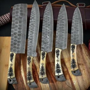 Damascus Steel 5-Piece Chef Set (Blue Resin Sheet Handle)