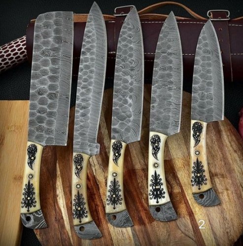 Damascus Steel 5-Piece Chef Set (Blue Resin Sheet Handle)