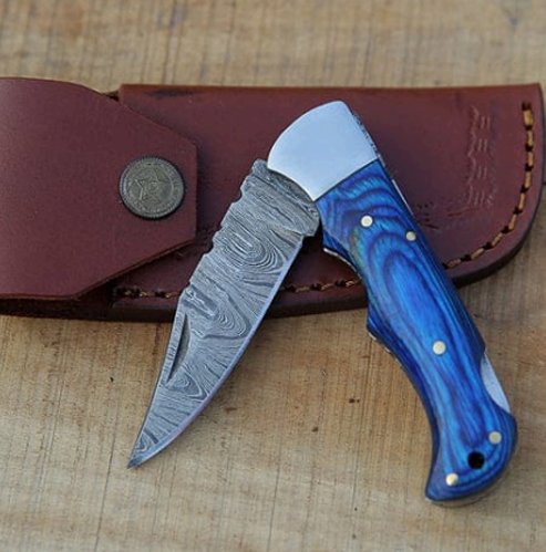 Damascus Folding Knife (Blue Paka Wood Handle) - Image 3