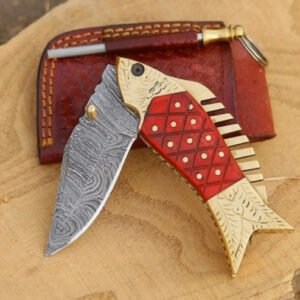 Damascus Steel Fish Folding Knife with Metal Handle and Brass Bolsters