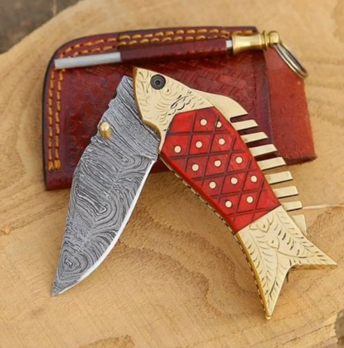 Damascus Steel Fish Folding Knife with Metal Handle and Brass Bolsters