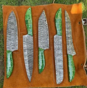 Damascus Steel 5-Piece Chef Set (Green Handle in Leather Roll)