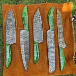 Damascus Steel 5-Piece Chef Set (Green Handle in Leather Roll)
