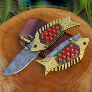 Damascus Steel Folding Knife with Metal Handle