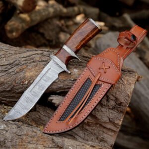 Damascus Steel Bowie Knife with Rose Wood Handle