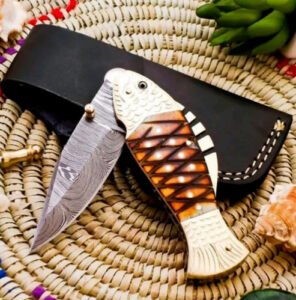Damascus Steel Fish Folding Knife with Camel Bone Handle