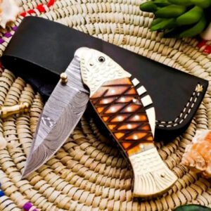 Damascus Steel Fish Folding Knife with Camel Bone Handle