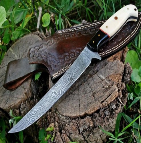 Damascus Steel Fillet Knife with Camel Bone and Buffalo Horn Handle