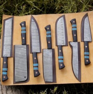 Damascus Steel 9-Piece Chef Set (Antler Handle in Leather Roll)