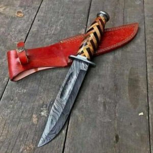 Damascus Steel Bowie Knife with Striped Wood Handle