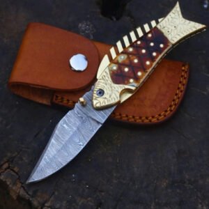 Damascus Steel Fish Folding Knife with Camel Bone Handle