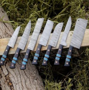 Damascus Steel 9-Piece Chef Set (Antler Handle on Log)
