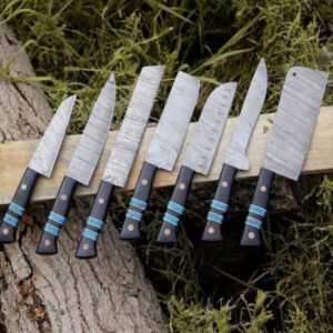 Damascus Steel 9-Piece Chef Set (Antler Handle on Log)