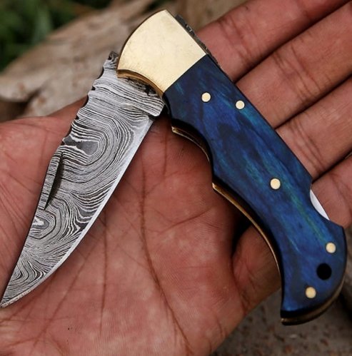 Damascus Folding Knife (Blue Brass Bolsters Paka Wood Handle) - Image 2