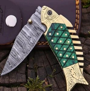 Damascus Steel Fish Folding Knife with Camel Bone Handle