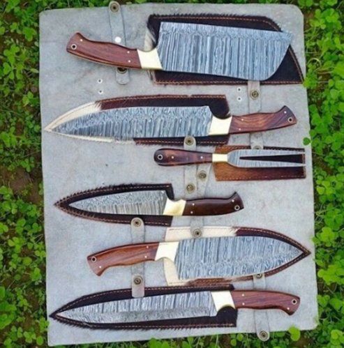 Damascus Steel 5-Piece Chef Set (Rose Wood Handle)